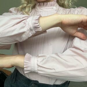 White Ruffled Puff Sleeve Blouse with Mandarin Collar